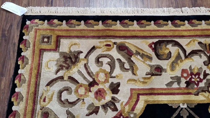 Nepal Rug 6x9, New Aubusson Nepalese Tibetan Carpet 6'1" x 8' 8", Hand-Knotted Wool, Unused, Black & Cream, Savonnerie Pattern, Soft Pile by Jewel Rugs