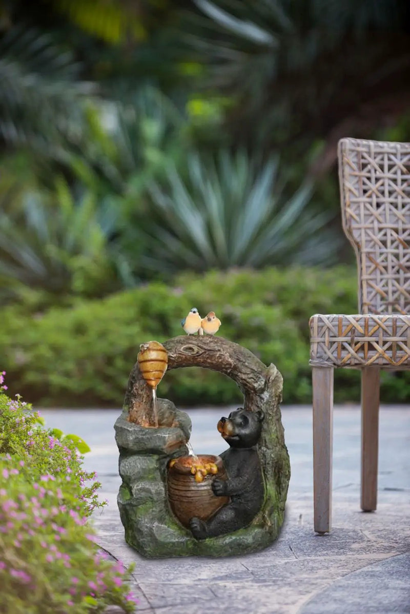 Decorative Two Tiered Water Fountain With Woodland Animal Design, Outdoor Fountain With Light And Pump - Dark Gray by Unique Piece Furniture