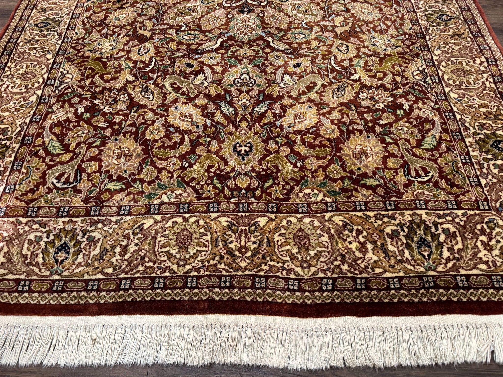 Tree of Life Indian Kashmiri Rug 6x9, Rust Red and Cream, Animal Pictorials, Fine 290 KPSI by Jewel Rugs