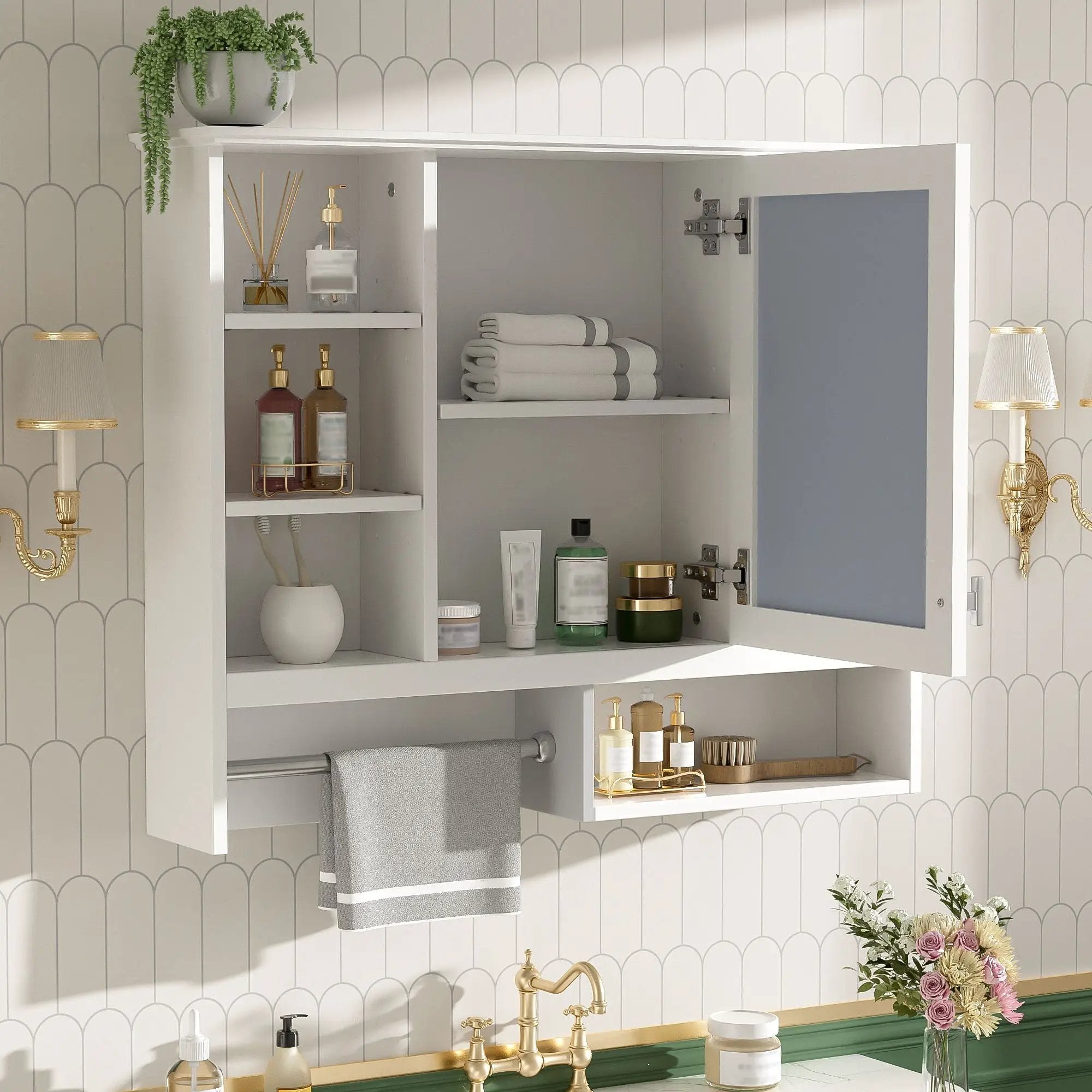 Wall Mount 2 In 1 Mirror Cabinet With Adjustable Shelves, Open Storage, For Bathroom Vanity - White by HouseOfZazla
