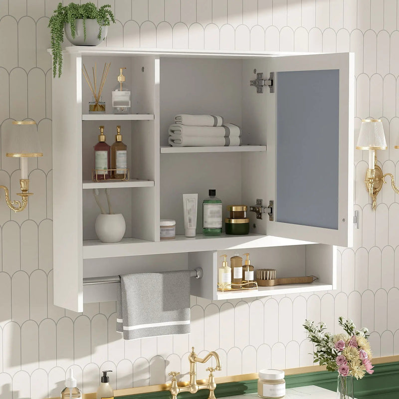 Wall Mount 2 In 1 Mirror Cabinet With Adjustable Shelves, Open Storage, For Bathroom Vanity - White by HouseOfZazla
