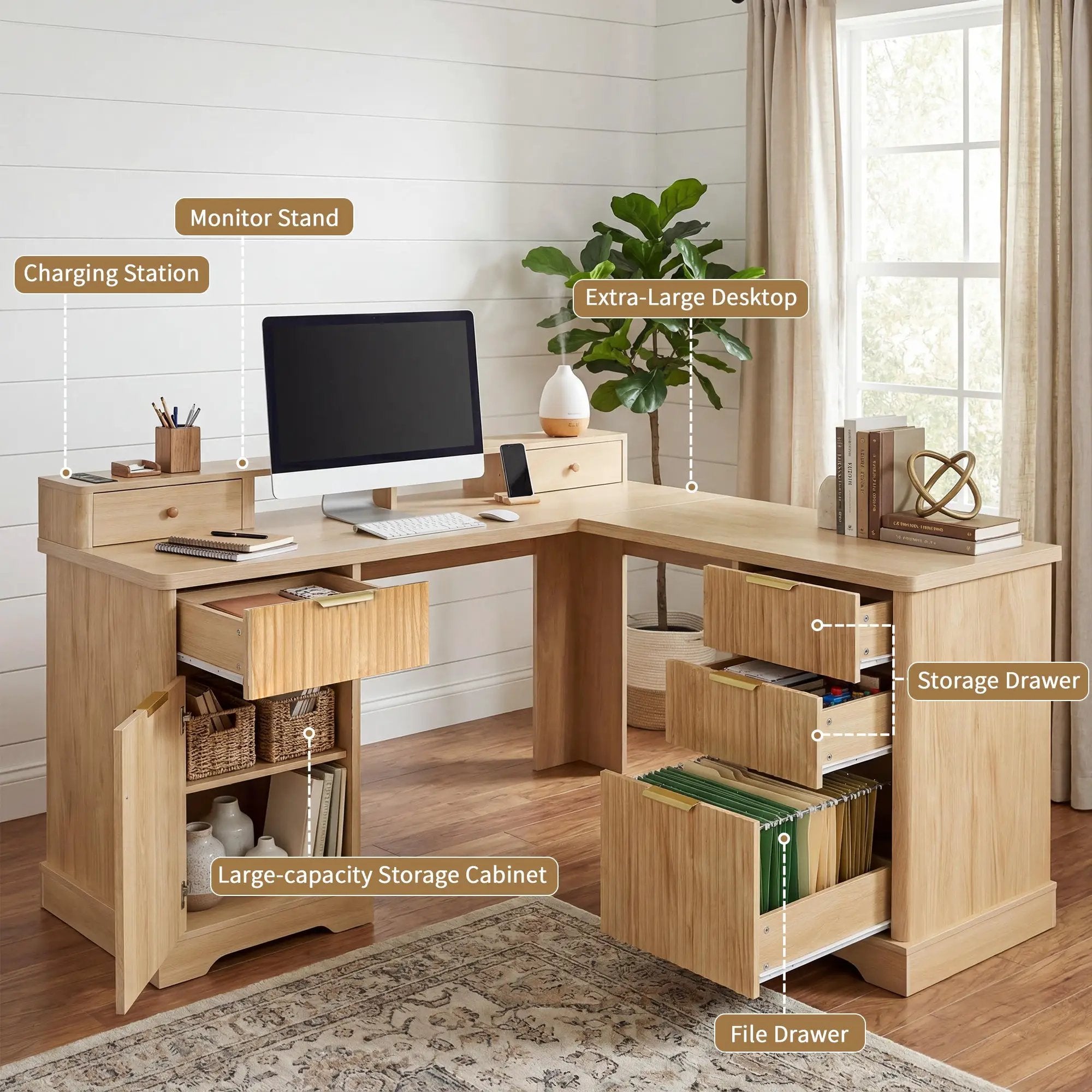 59" Modern Fluted L-Shaped Desk with Charging Station & Storage by HouseOfZazla