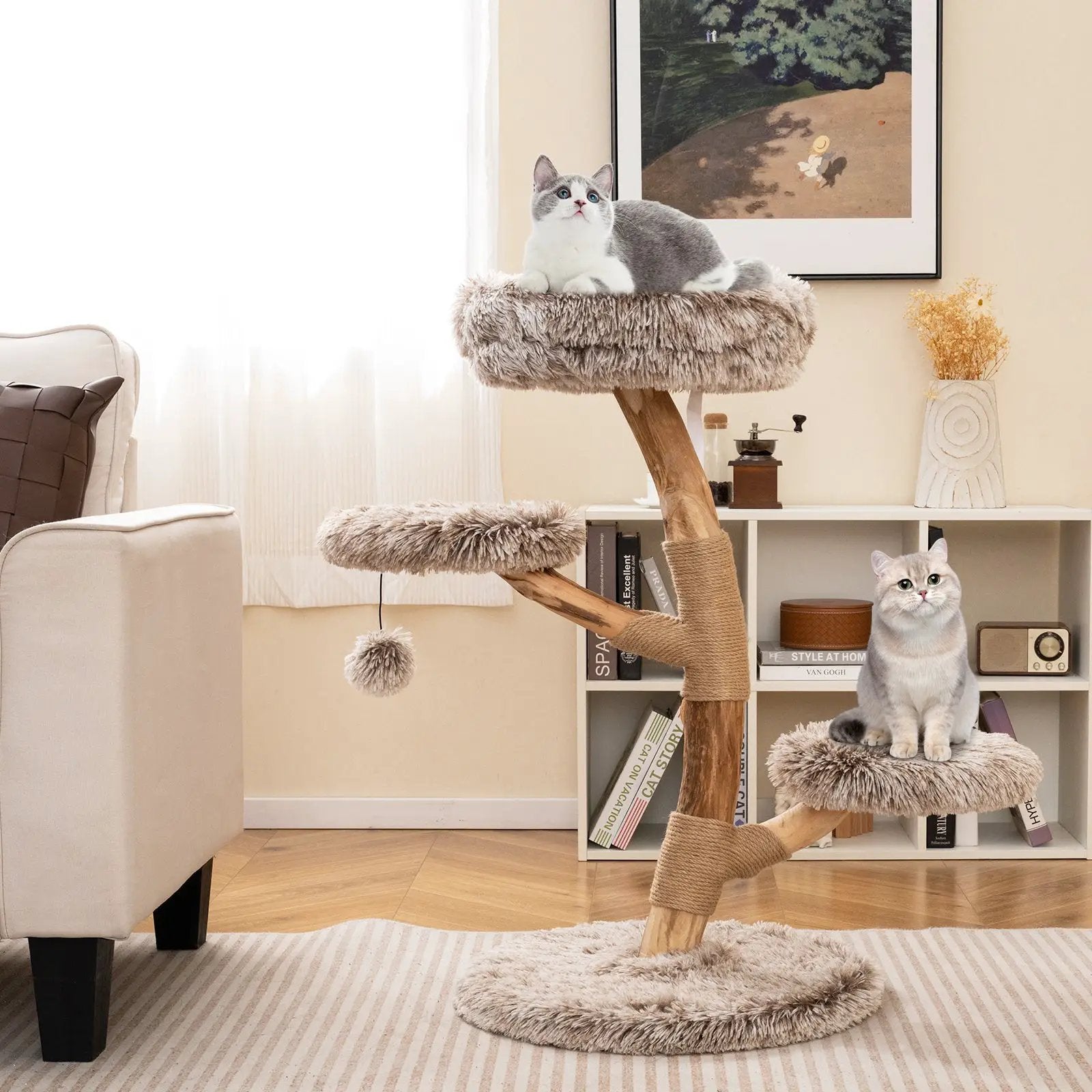 Cat Tree Solid Pear Wood with Perch and Natural Jute Scratching Posts-Brown by DirectDeals