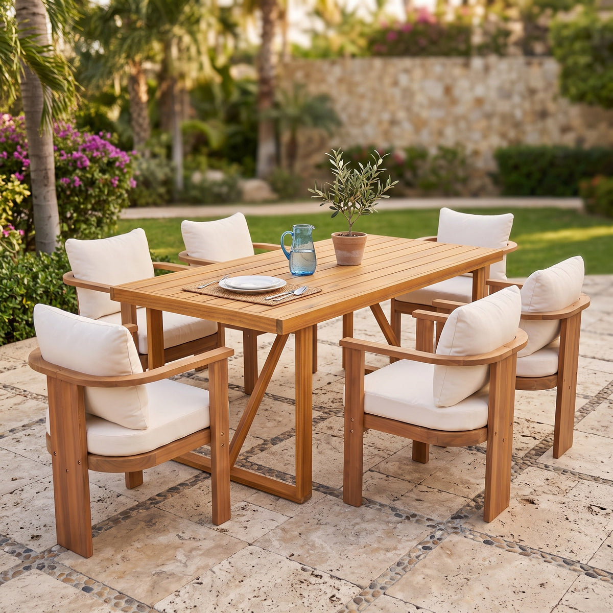 7-Piece Acacia Wood Outdoor Dining Set with Cushioned Arm Chairs - Teak Finish, photo 4 of 10