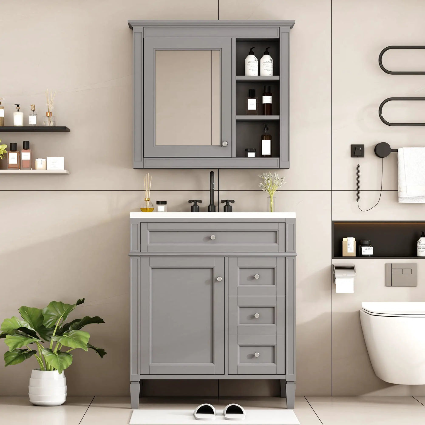 Bathroom Vanity With Top Sink, 2 Doors And 3 Drawers, Freestanding Set With Mirror Cabinet by HouseOfZazla