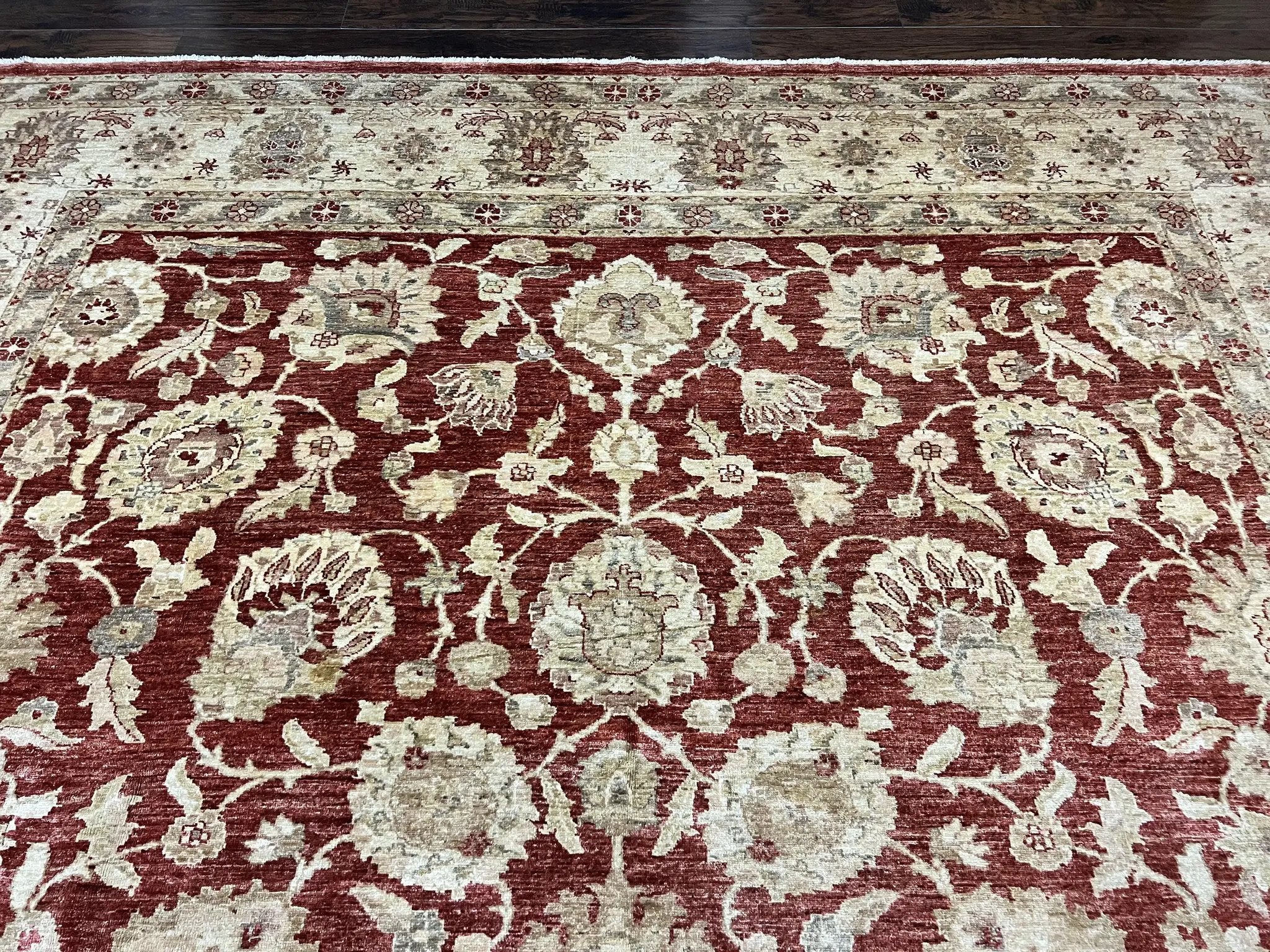 Pak Persian Rug 10x14, Sultanabad Mahal Peshawar Chobi Carpet, Large Vintage Wool Oriental Rug, Maroon & Beige, Floral Allover, Handmade by Jewel Rugs