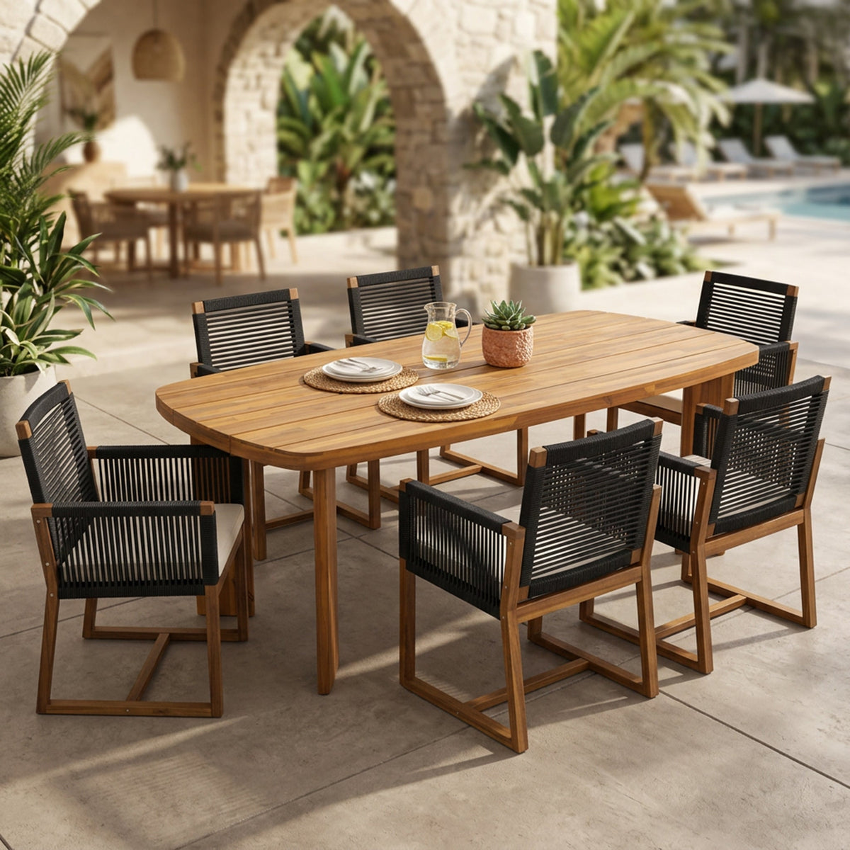 7-Piece Acacia Wood Outdoor Dining Set with Cushioned Arm Chairs - Teak Finish, photo 5 of 10