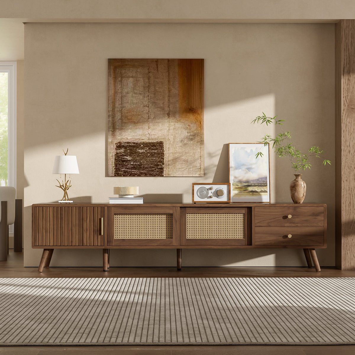 76" Modern Rattan Doors TV Stand with Storage - Neutral