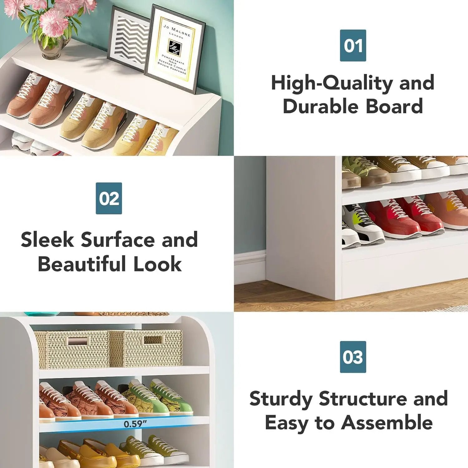 8 Tier Tall Shoe Rack, Wooden Shoe Storage Cabinet, Entryway Organizer - White by HouseOfZazla