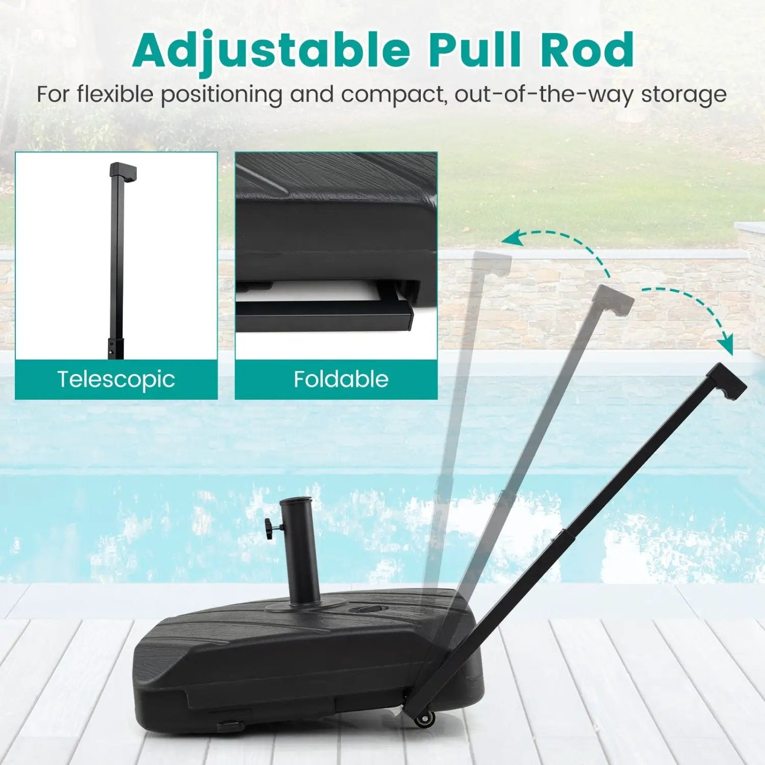 211 LBS Fillable Patio Umbrella Base with Wheels and Telescopic Pull Rod by DirectDeals