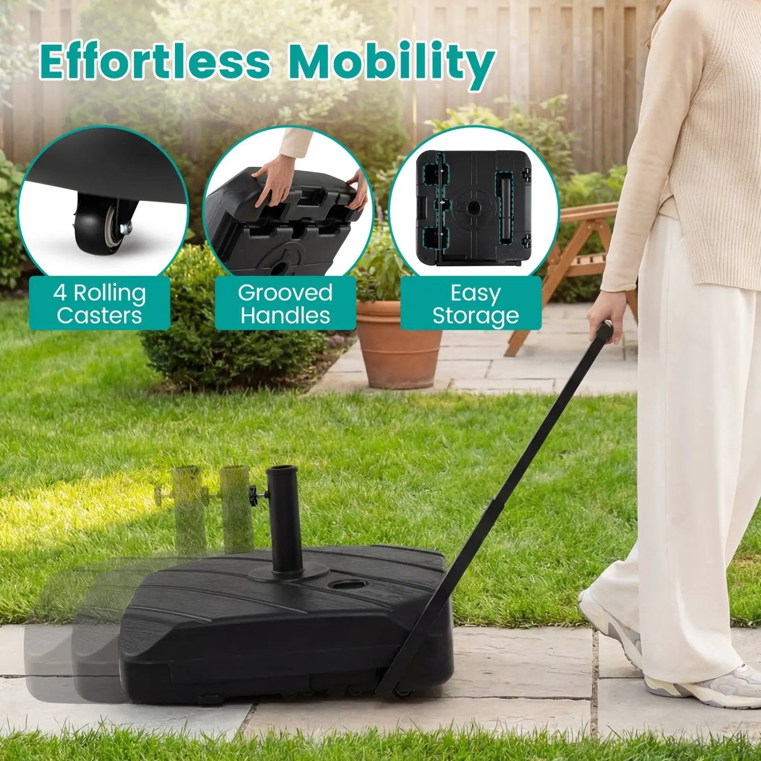 211 LBS Fillable Patio Umbrella Base with Wheels and Telescopic Pull Rod by DirectDeals