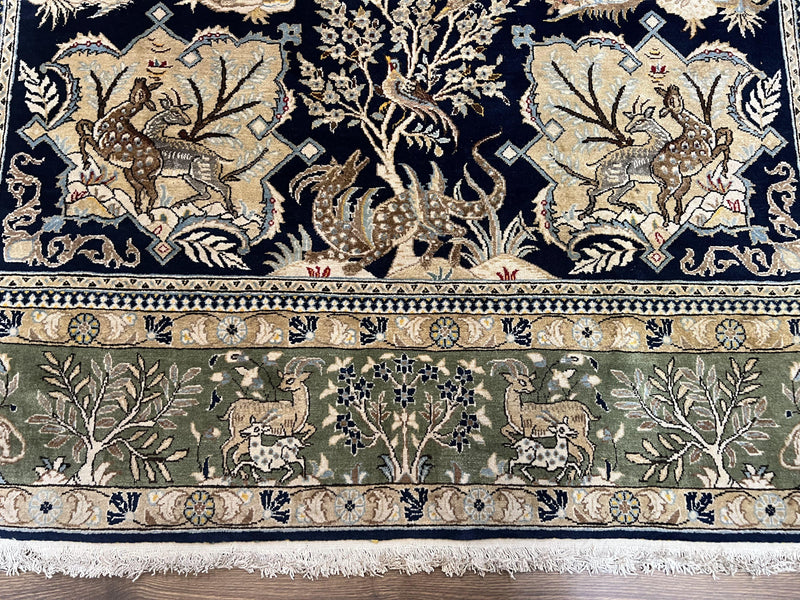 Wonderful Persian Qum Rug 6x9, Animal Pictorials, Tree of Life, Deer Birds, Hand Knotted Oriental Ghom Carpet, Semi Antique Vintage, Navy Blue Green by Jewel Rugs