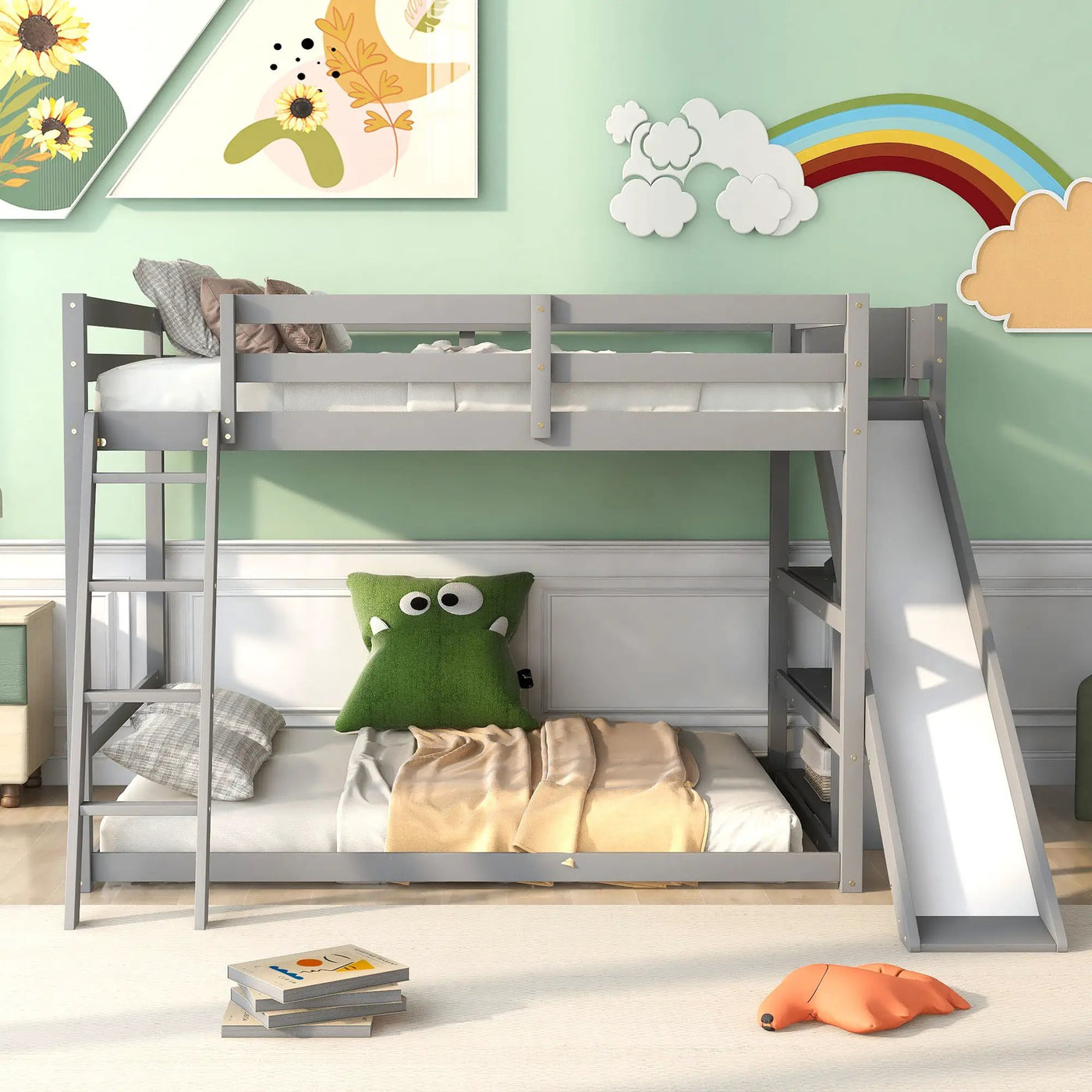 Bunk Bed With Ladder, Slide, And Shelves Pine Wood by HouseOfZazla