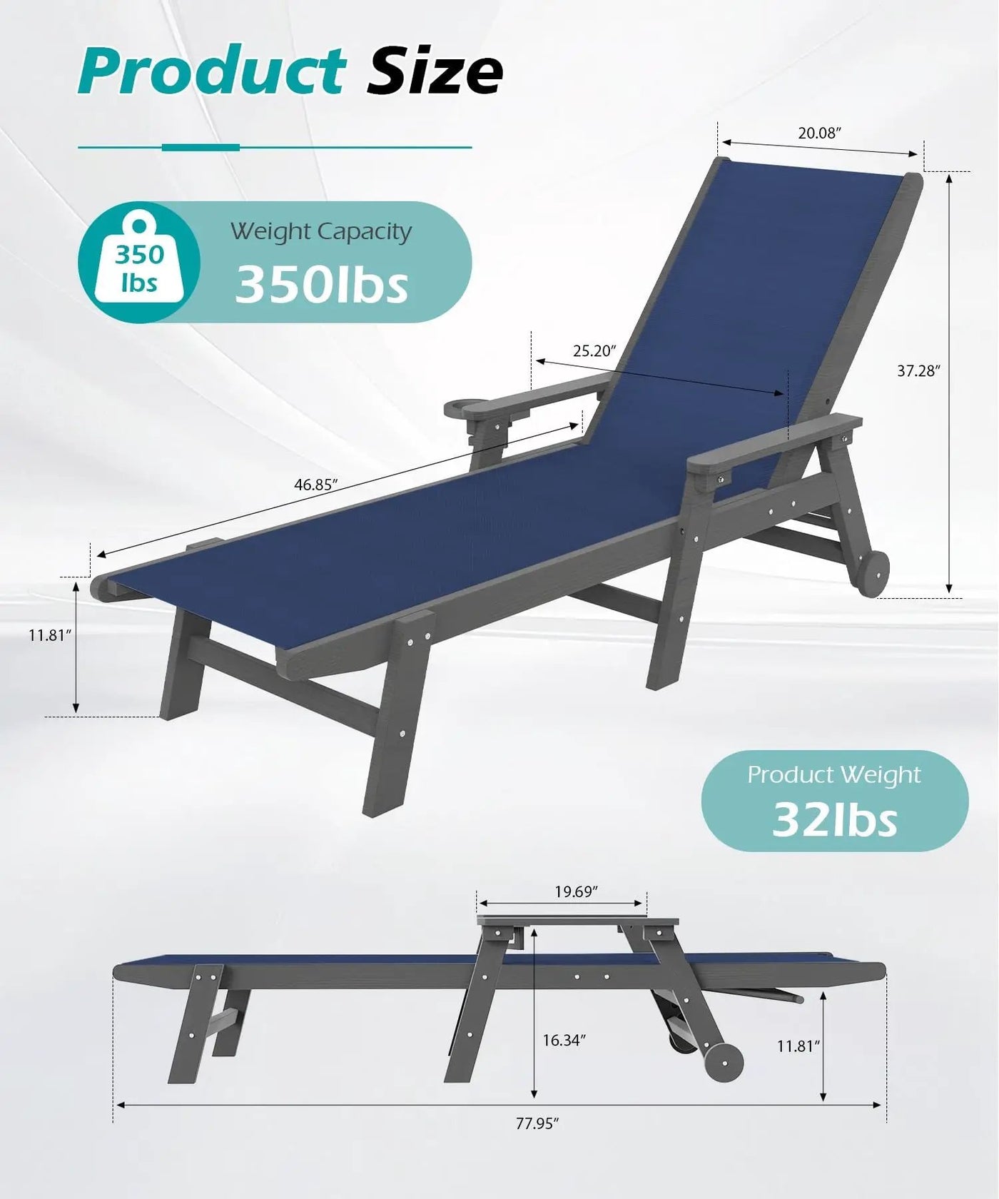 Lounge Chair Outdoor, HDPE Chaise Lounge with Wheels and 5-Position Recliner by HouseOfZazla