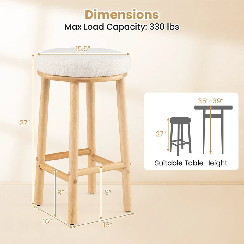 27" Bar Stools Set of 2 Upholstered Barstools with Boucle Fabric Seats-White by DirectDeals