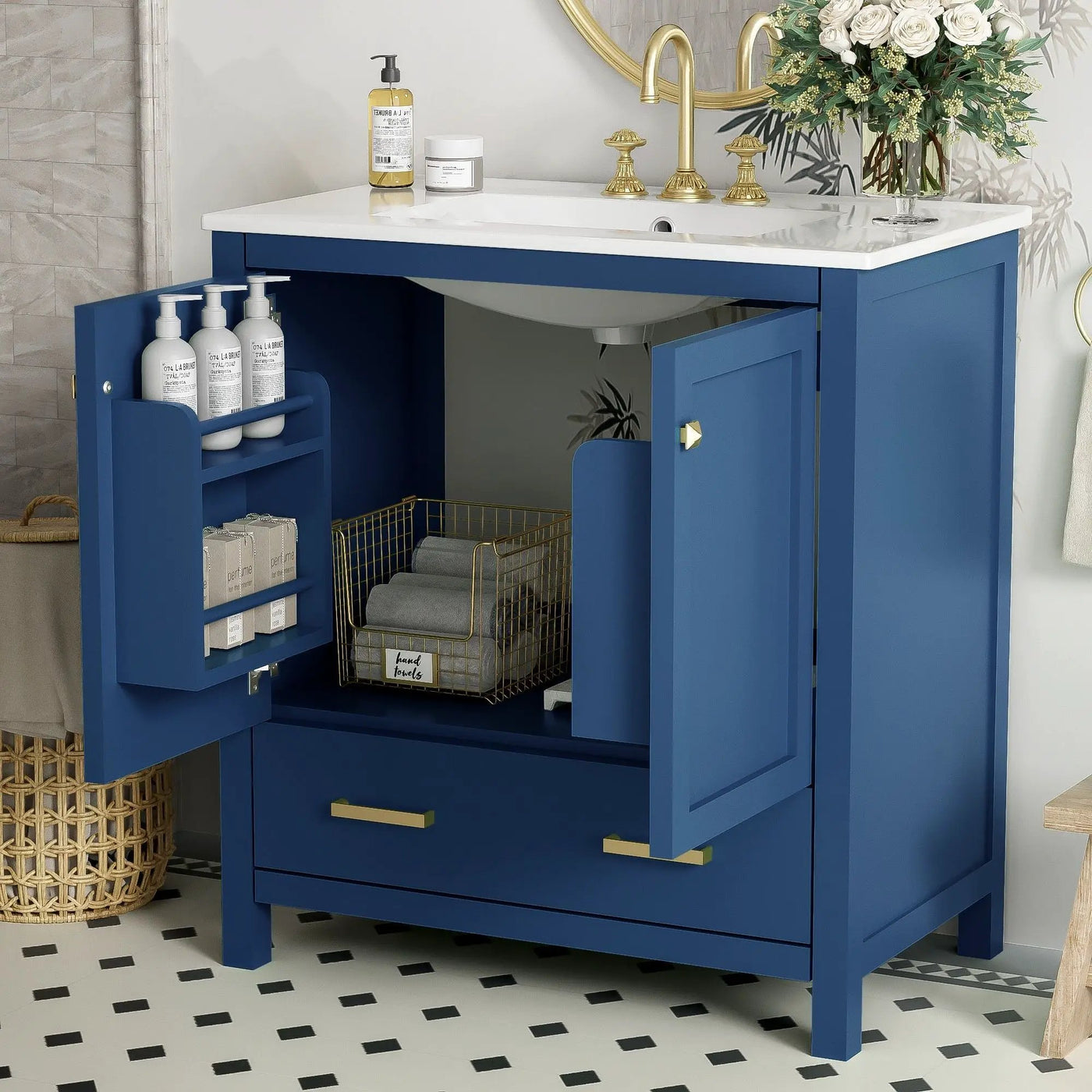 Bathroom Vanity With Single Sink, Combo Cabinet Undermount Sink, Bathroom Storage Cabinet With Two Doors And A Drawer, Soft Closing, Multifunctional Storage, Solid Wood Frame by Unique Piece Furniture