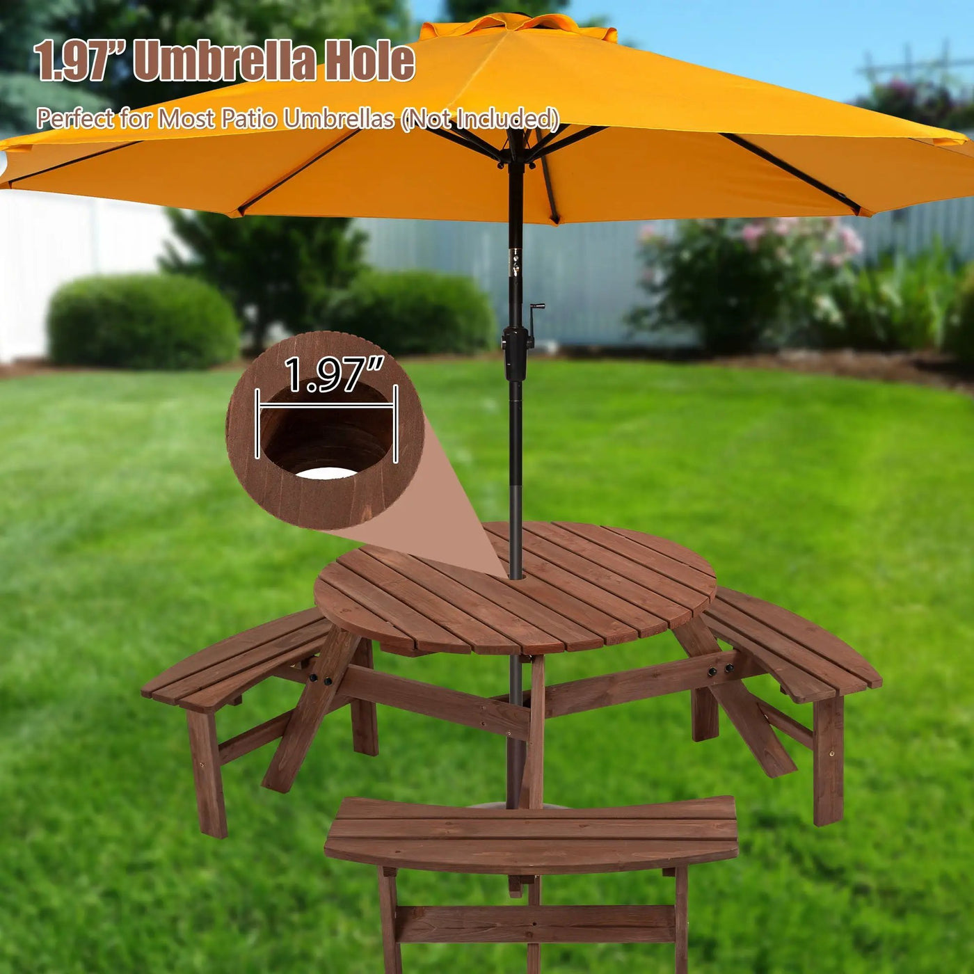 6 Person Circular Outdoor Wooden Picnic Table For Patio, Backyard, Garden, Diy With 3 Built-In Benches, 1720Lb Capacity by HouseOfZazla