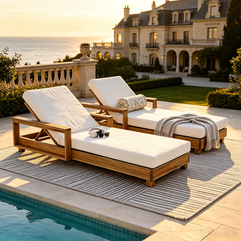 Acacia Wood Patio Chaise Lounge with Adjustable Backrest - Cream Cushion, photo 6 of 10