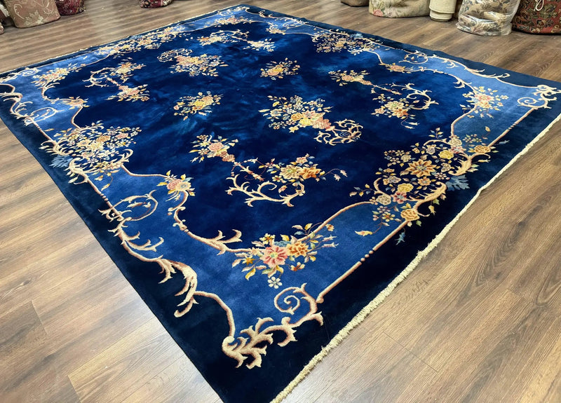 Blue Chinese Art Deco Rug 9x12, Vintage Antique Chinese Wool Rug, Chinese Fette Rug by Jewel Rugs
