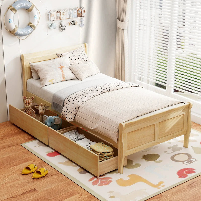 Twin Size Sleigh Bed with 2 Storage Drawers Wood Platform Bed Frame by DirectDeals