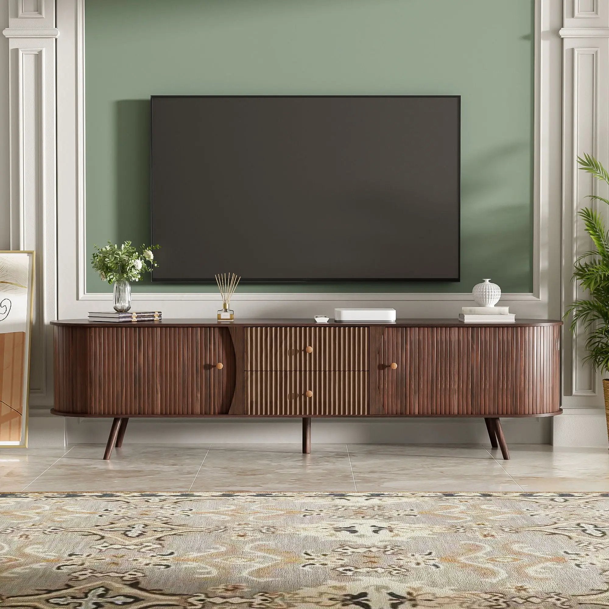 70" TV Stand With Tambour Doors And Fluted Drawers - Dark Brown by HouseOfZazla