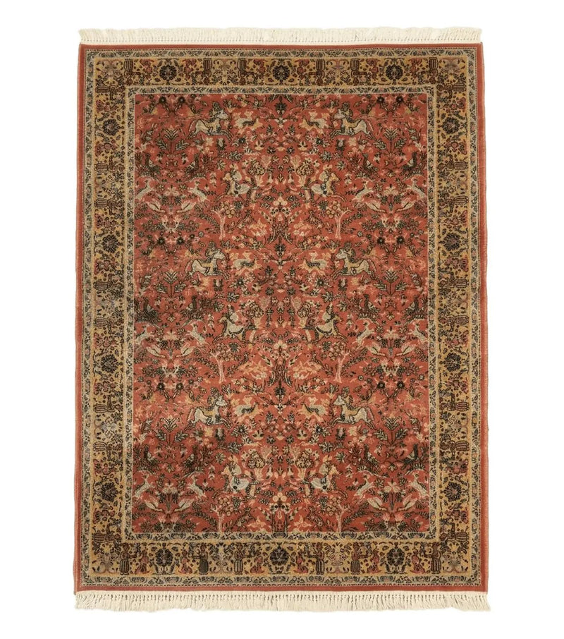 Persian Hunting Design Rug 4.7 x 6.5, Hunting Scene, Red-Orange, Wool, Belgian Power Loomed Carpet by Jewel Rugs