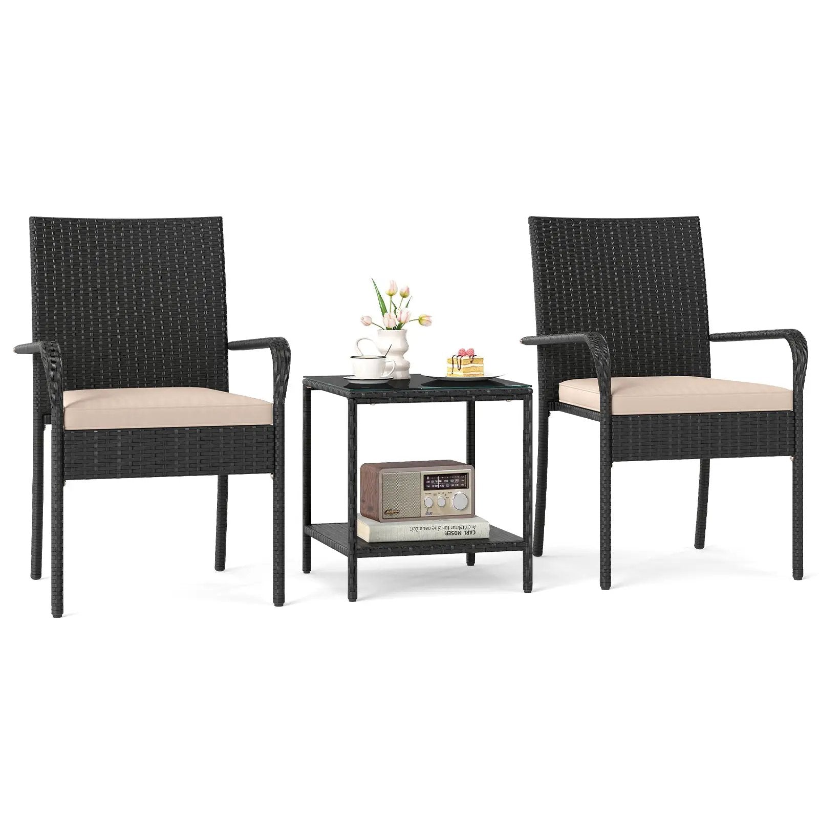 3 Piece Patio Furniture Set with Seat Cushions and Tempered Glass Tabletop by DirectDeals