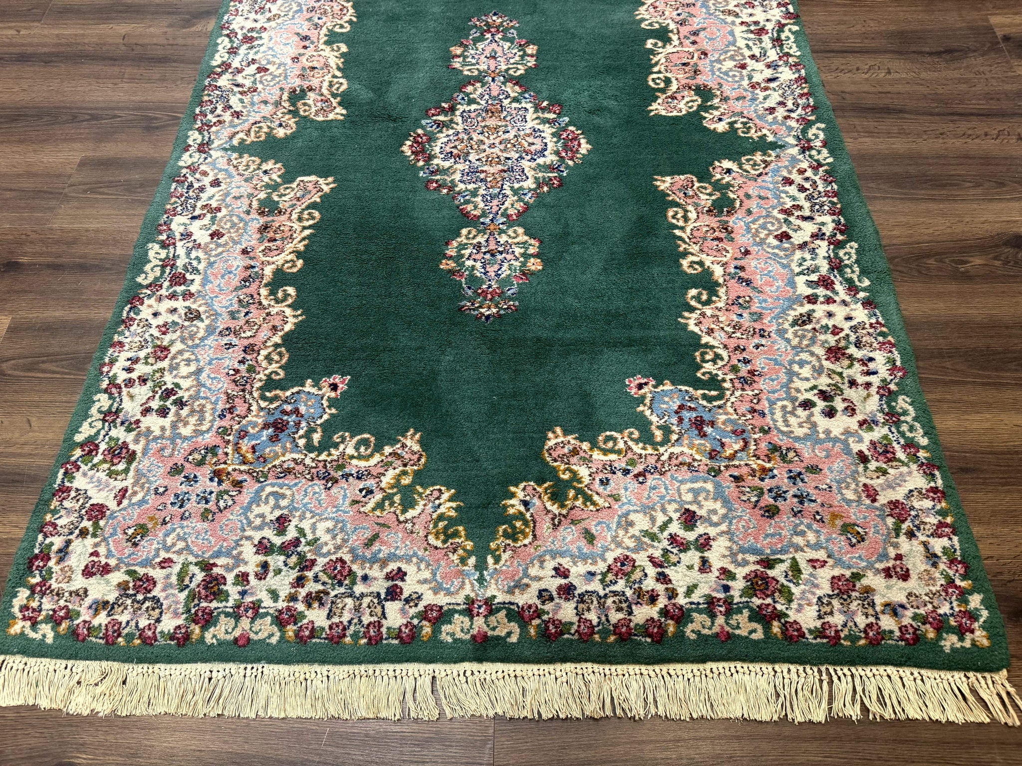 Persian Kerman Rug 4x6, Green Ivory Pink, Wool Vintage, Semi Open Field by Jewel Rugs