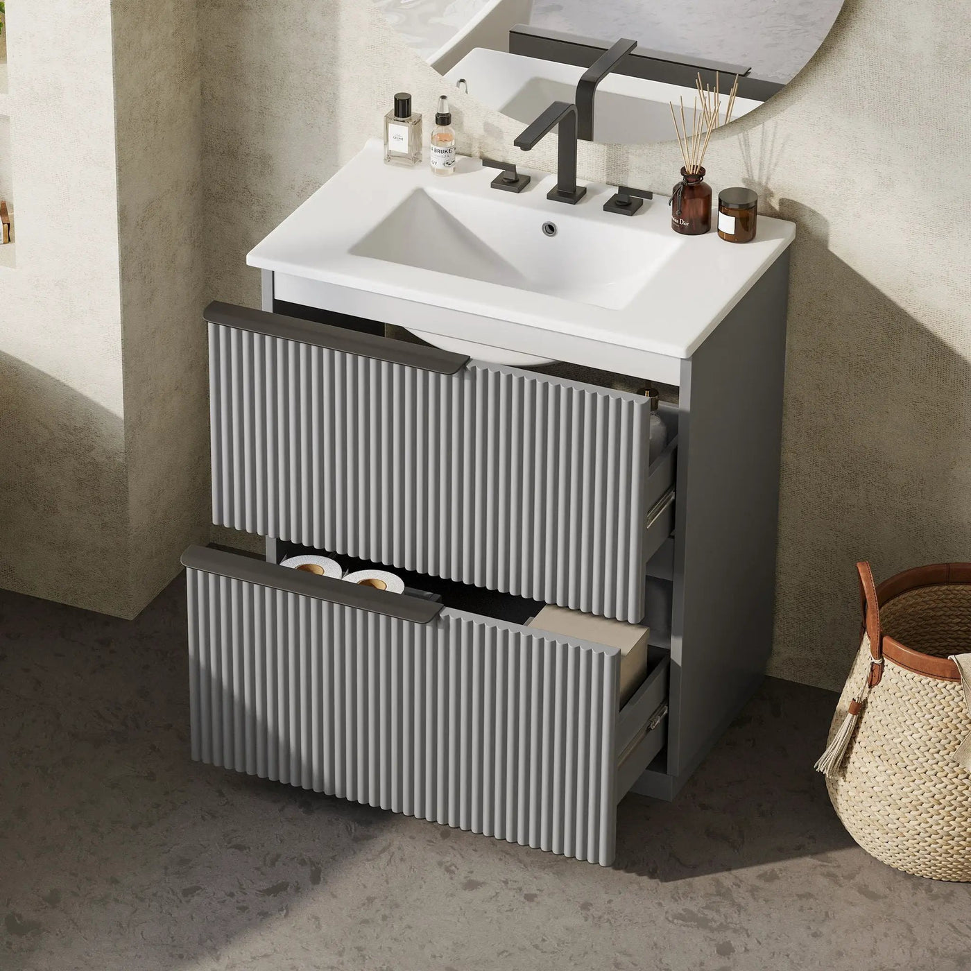Fluted Bathroom Vanity With Ceramic Sink, Freestanding Cabinet by HouseOfZazla