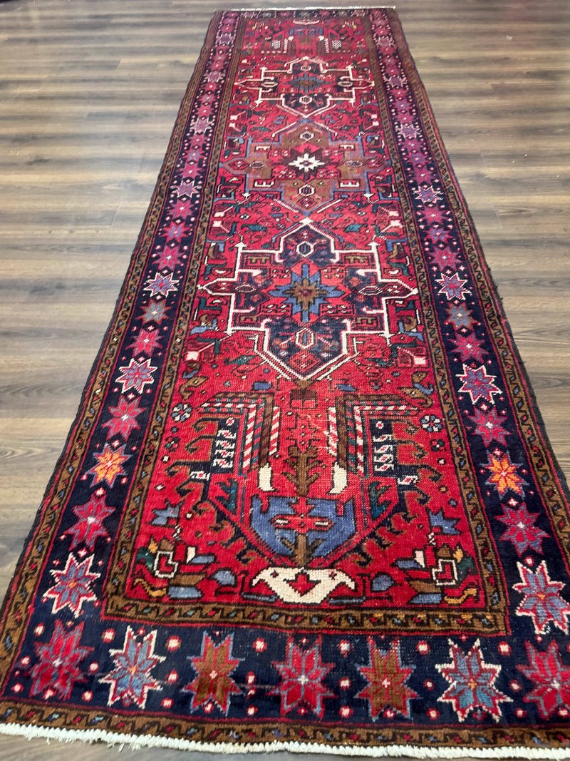 Persian Heriz Karajeh Runner Rug 3.7 x 12, Geometric Medallions, Red and Navy Blue by Jewel Rugs