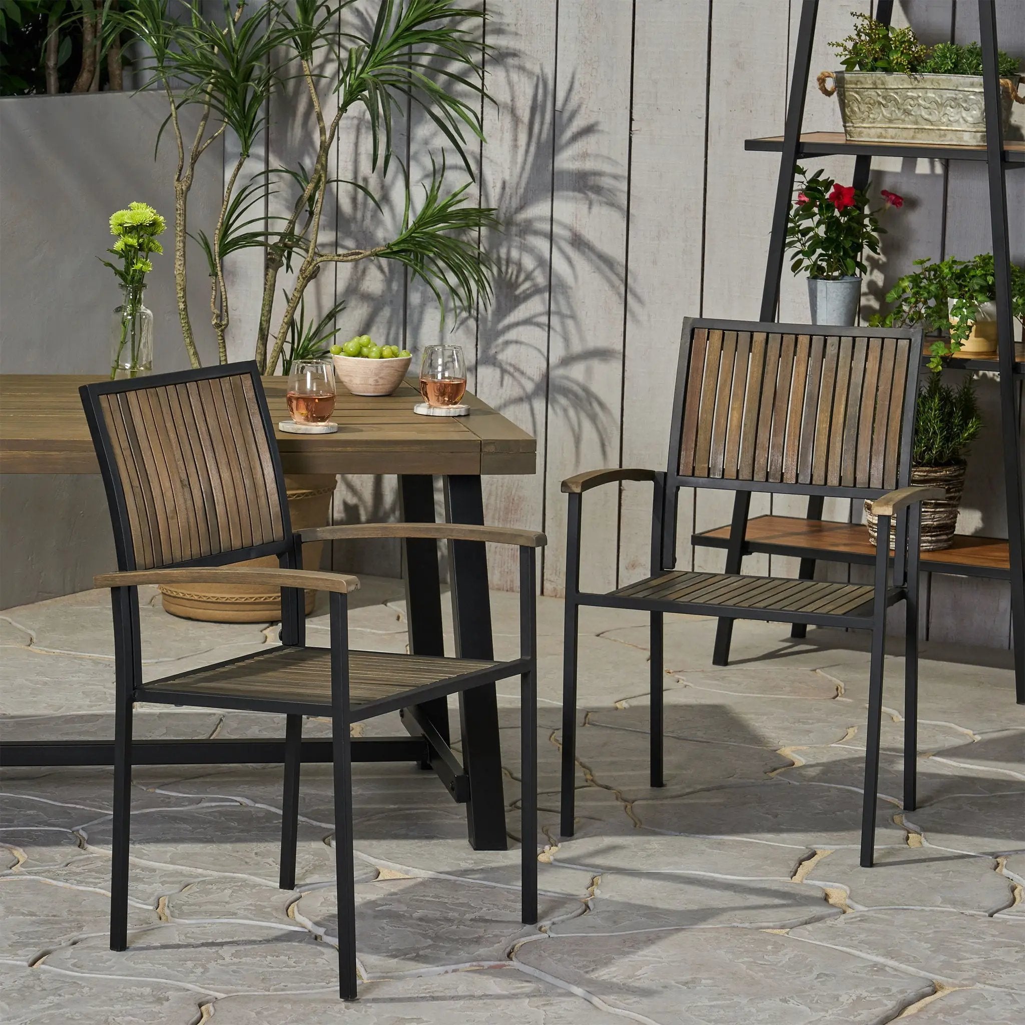 Vermilion Outdoor Dining Chair With Vertical Slat And Wooden Arm by HouseOfZazla