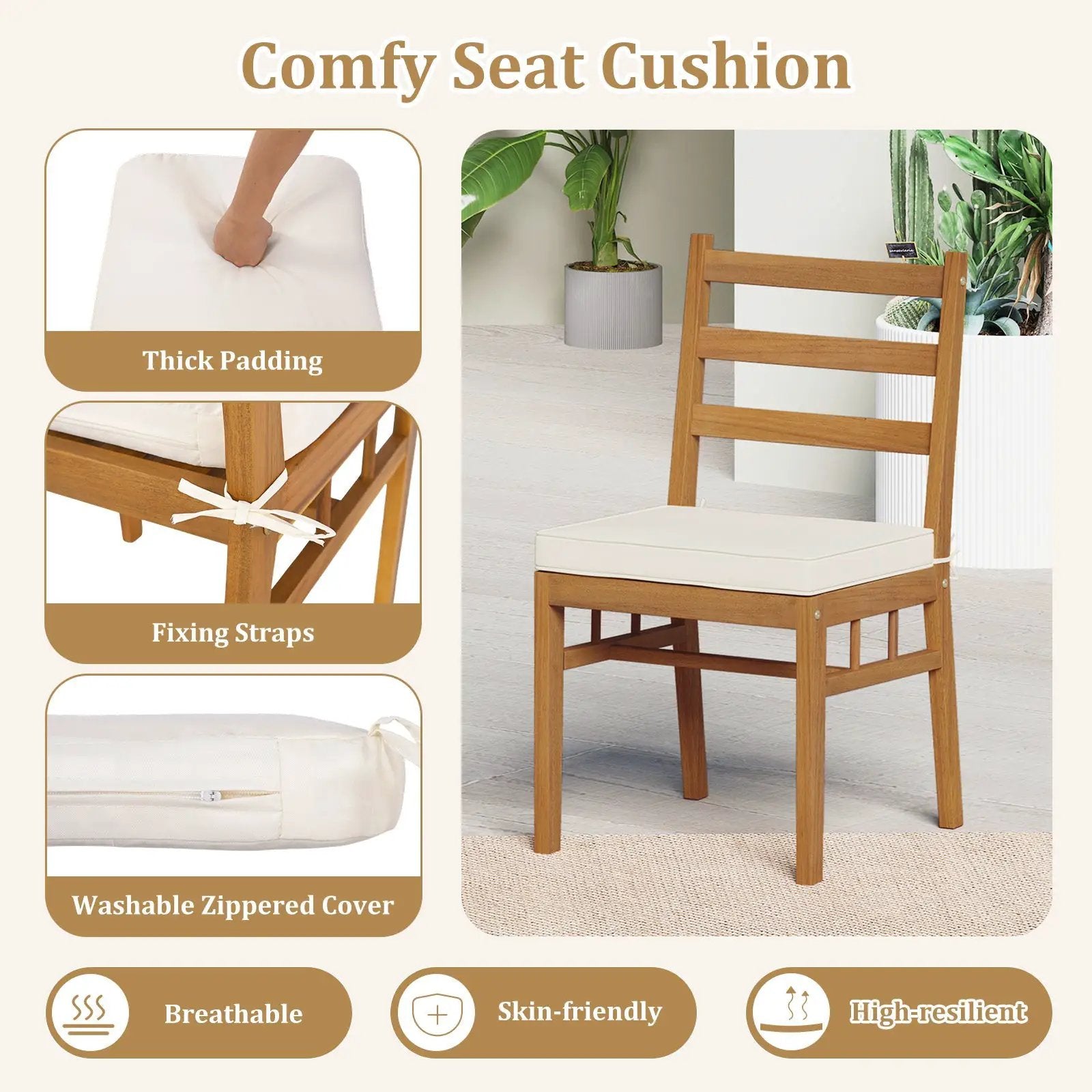 Outdoor Wooden Dining Chair Set of 4 with Padded Seat Cushions-White by DirectDeals