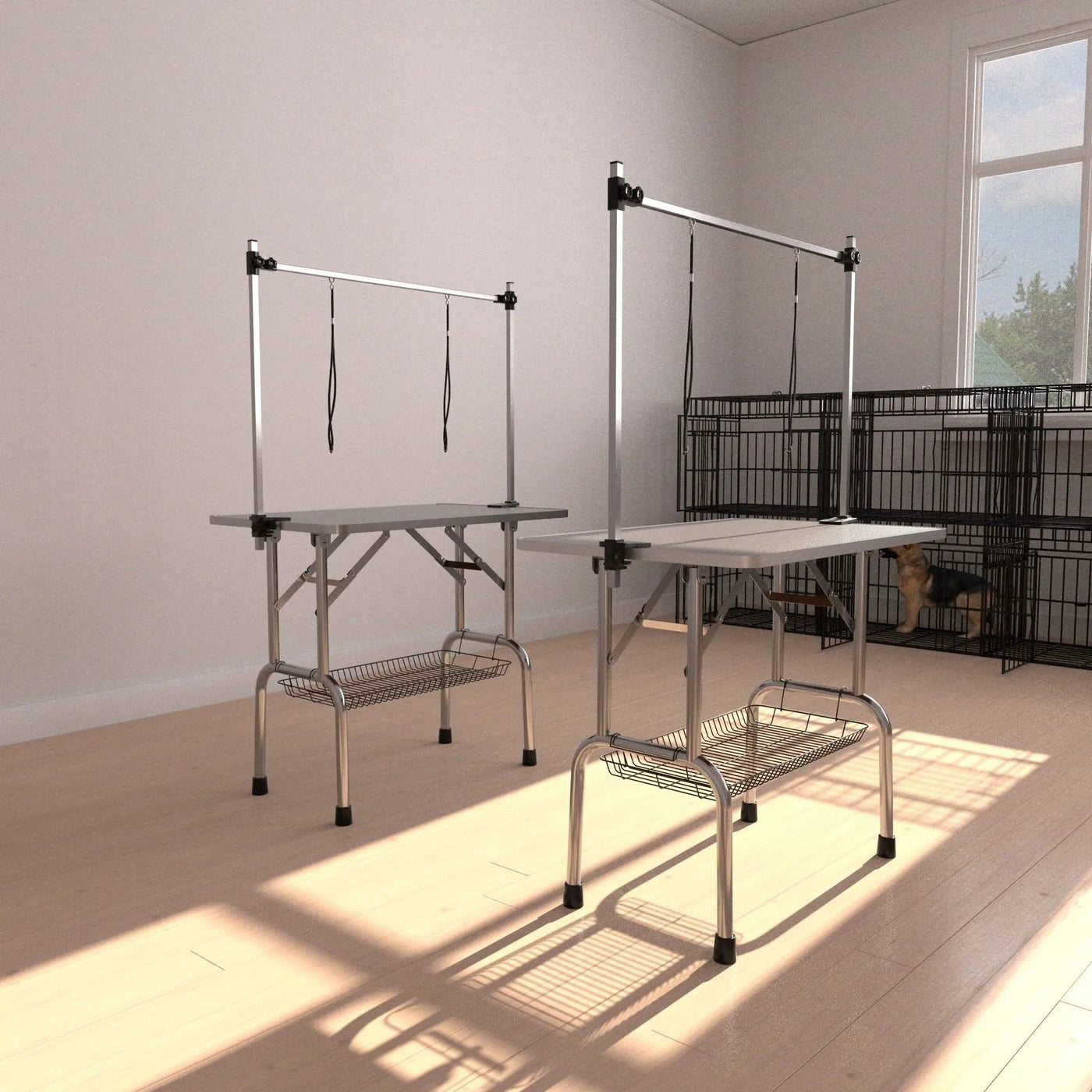 Folding Dog Pet Grooming Table Stainless Steel Frame Rubber Mat On Board With Adjustable Arm And Clamps Pet Dog Cat Grooming Table by HouseOfZazla