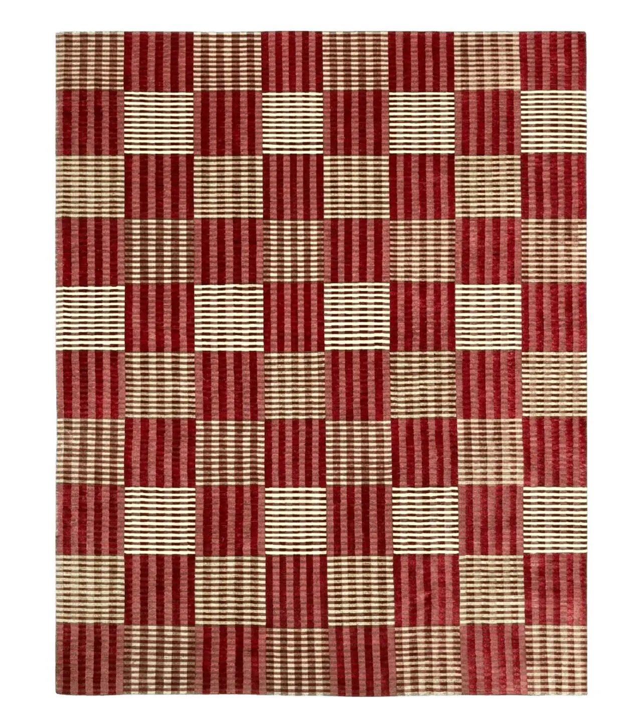 Modern Tibetan Rug 8x10, Hand Knotted Contemporary Nepali Carpet 8 x 10, Checkerboard Design, Red Cream Light Brown, Very Fine Wool & Silk by Jewel Rugs