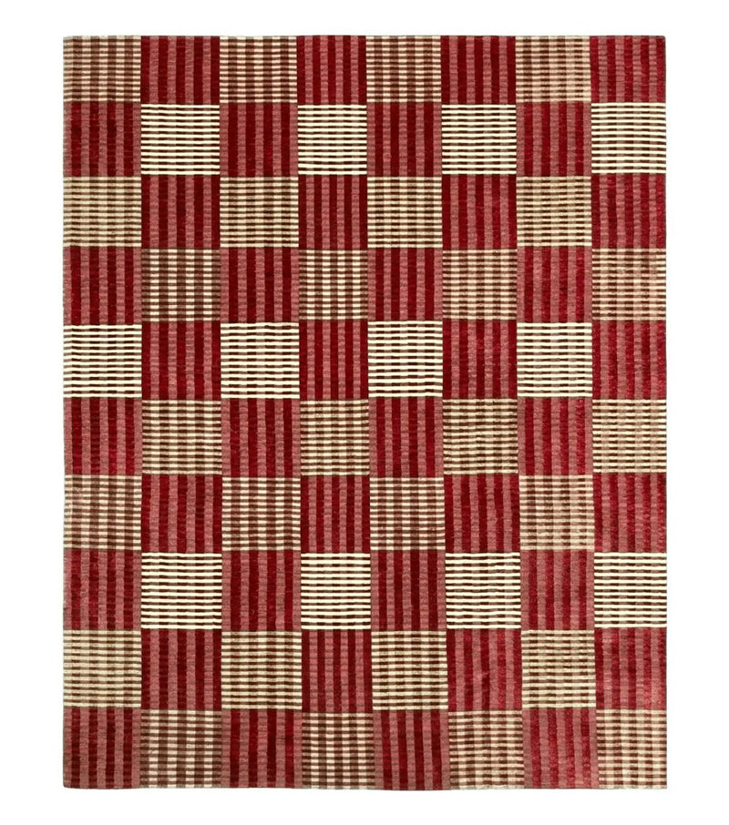 Modern Tibetan Rug 8x10, Hand Knotted Contemporary Nepali Carpet 8 x 10, Checkerboard Design, Red Cream Light Brown, Very Fine Wool & Silk by Jewel Rugs