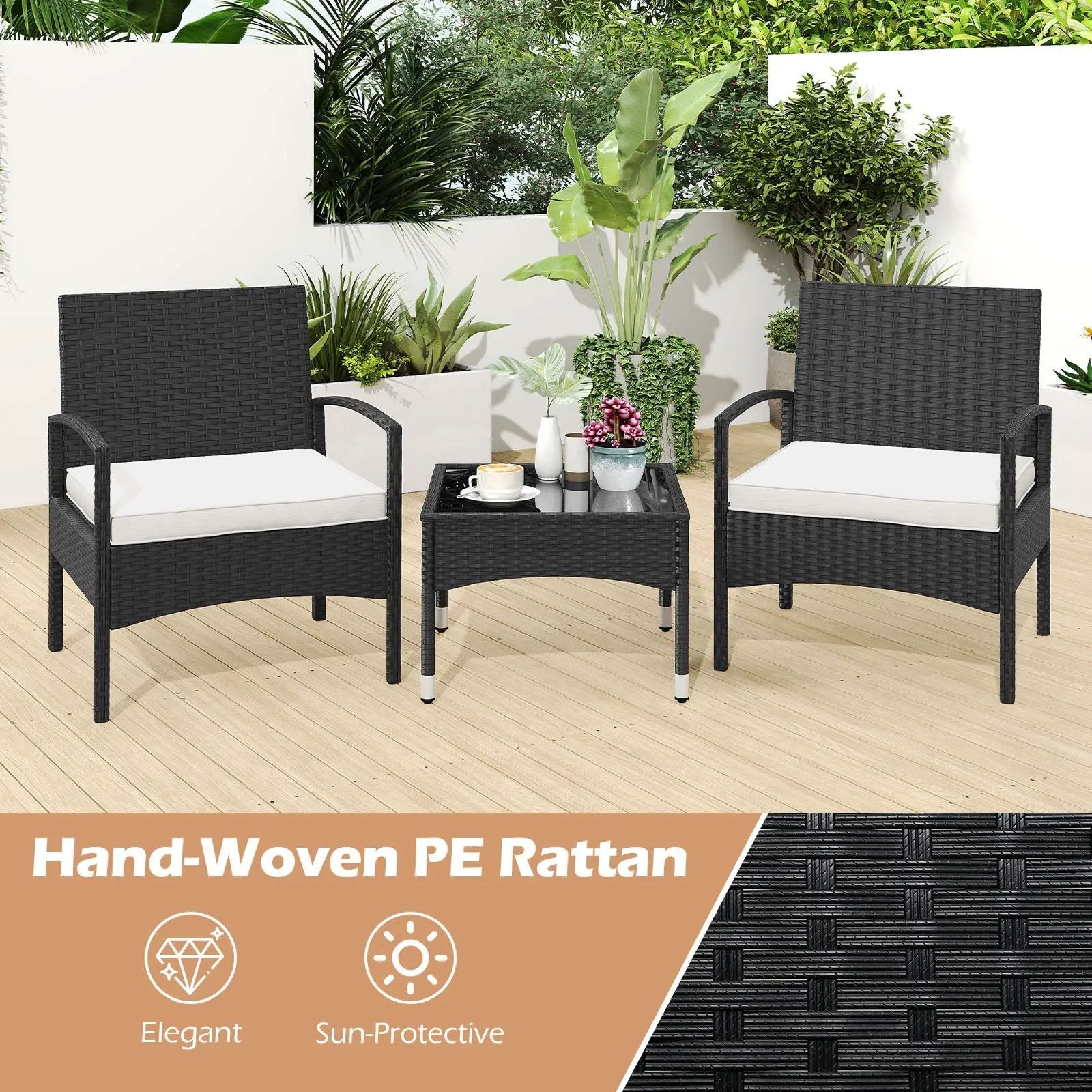 3-Piece Patio Furniture Set Rattan Bistro Chairs with Table-Beige by DirectDeals