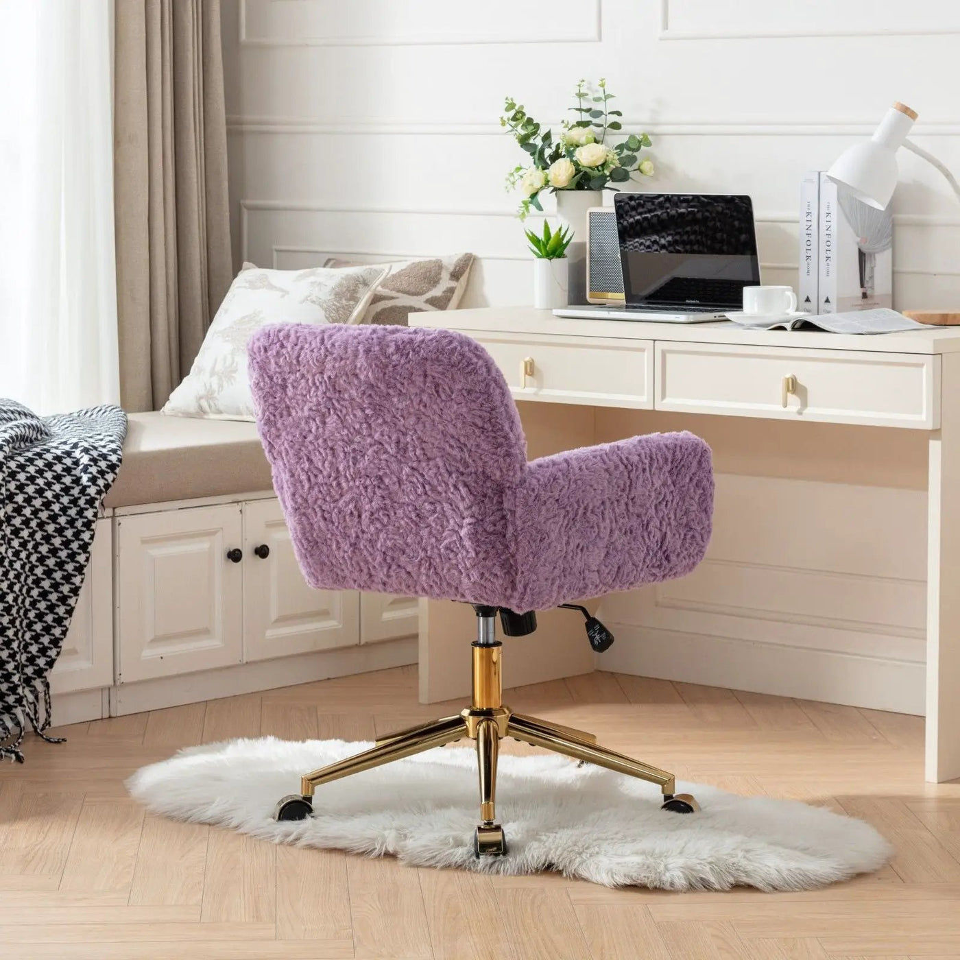 Office Chair, Artificial Rabbit Hair Home Office Chair With Metal Base, Adjustable Desk Chair Swivel Office Chair, Vanity Chair by HouseOfZazla