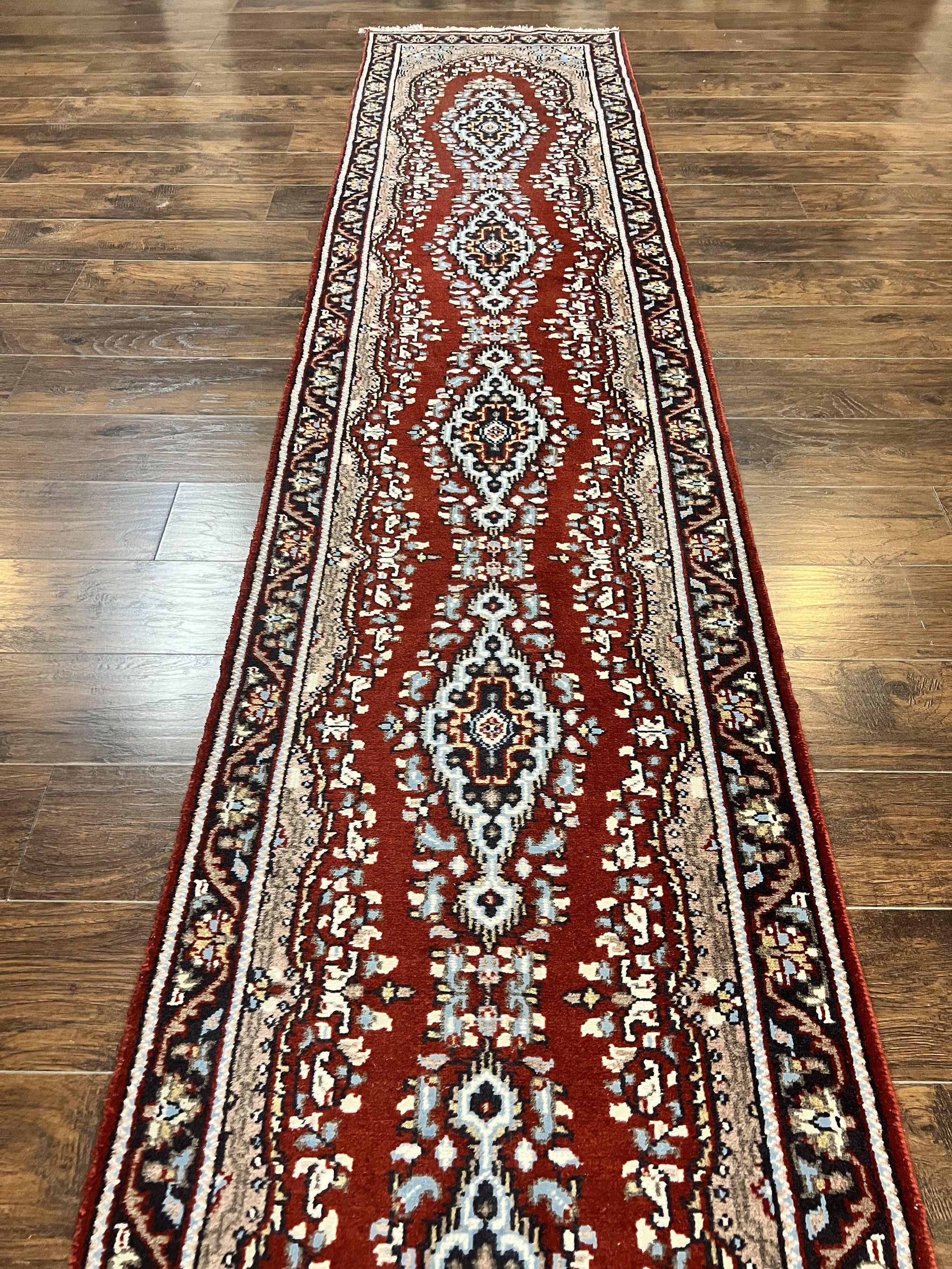 Indo Persian Runner Rug 2.8 x 14.8, Long Indo Kirman Hallway Rug, Red Floral Wool Vintage Handmade Oriental Runner by Jewel Rugs