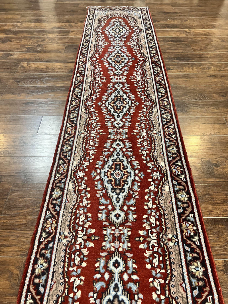 Indo Persian Runner Rug 2.8 x 14.8, Long Indo Kirman Hallway Rug, Red Floral Wool Vintage Handmade Oriental Runner by Jewel Rugs