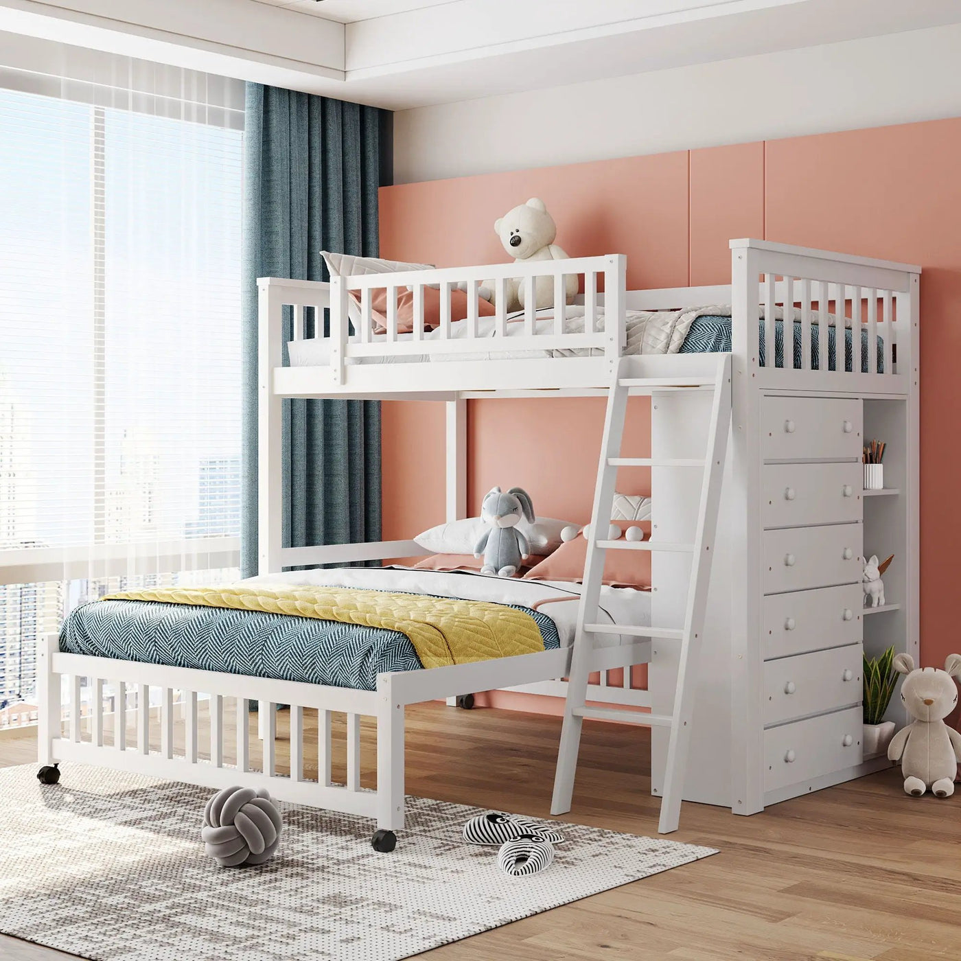 Bunk Bed With 6 Drawers And Flexible Shelves, Bottom Bed With Wheels by HouseOfZazla