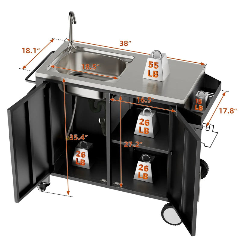 Outdoor Grill Cart With 304 Stainless Steel Sink And Cabinet - Black / Silver by HouseOfZazla