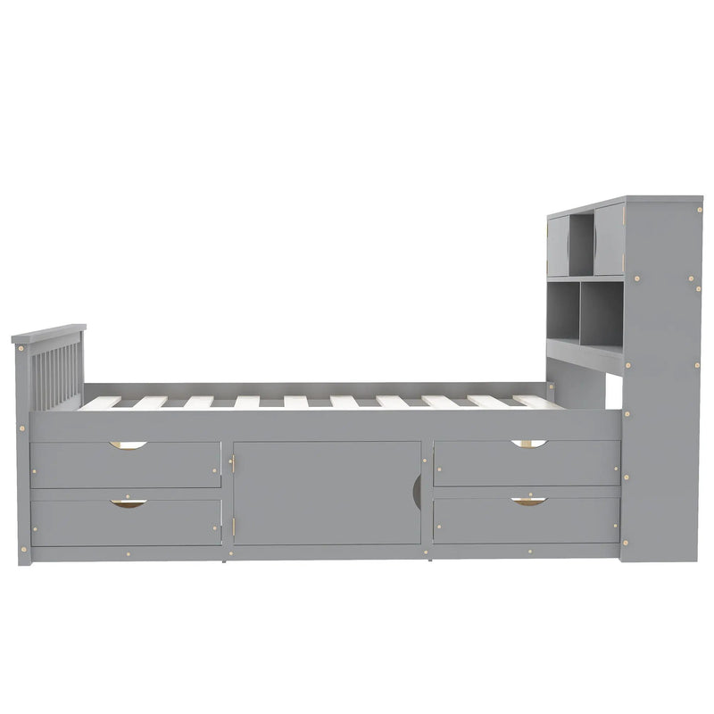 Captain Platform Bed Frame With Bookcase Headboard, 4 Drawers, Storage Shelves by Unique Piece Furniture