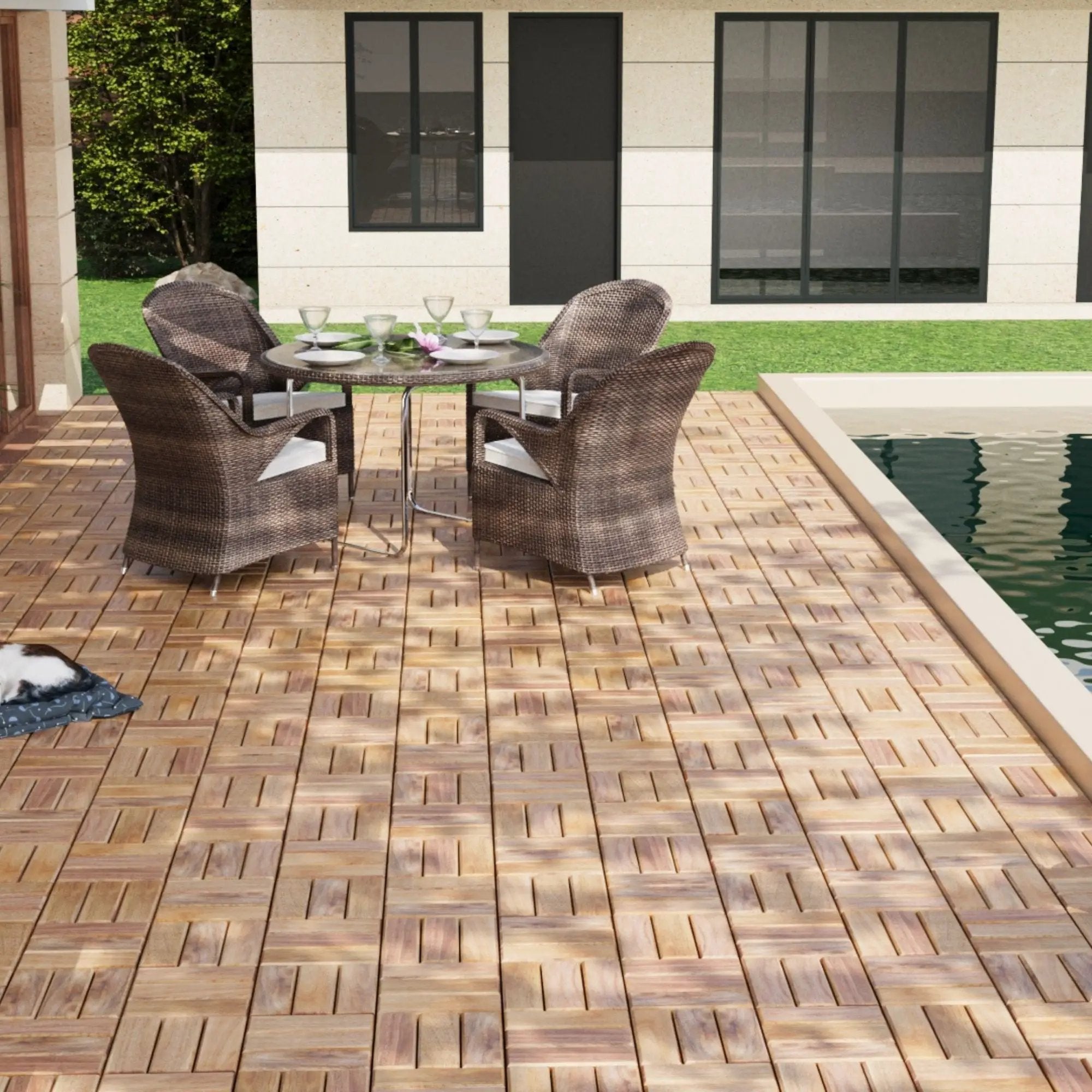 Interlocking Deck Tiles Checker Pattern, Square Acacia Hardwood Outdoor Flooring For Patio, Bancony, Pool Side by HouseOfZazla