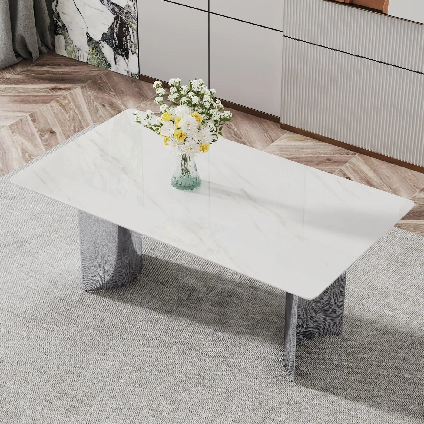Modern Minimalist Dining Table With Marble Glass Top by HouseOfZazla