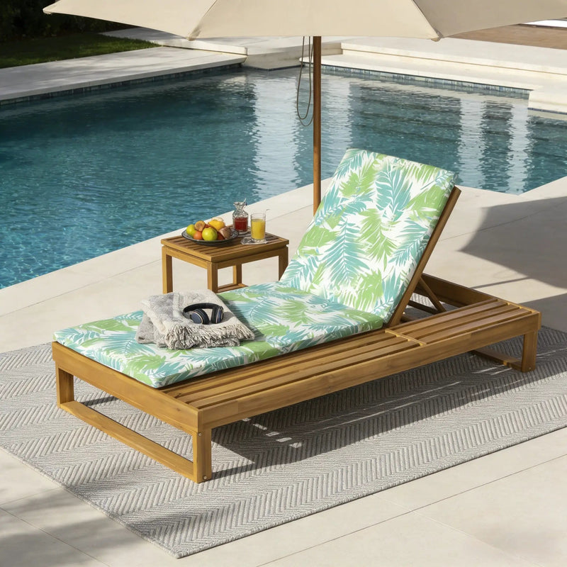 Teak Finish Acacia Wood Chaise Lounge with Leaf Coconut Cushion by HouseOfZazla