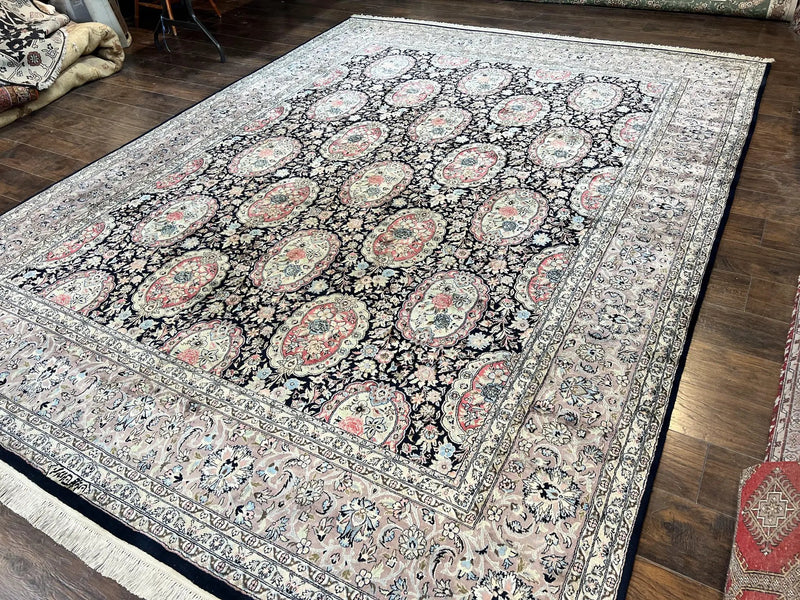 Sino Persian Rug 9x12, Navy Blue and Pink Hand Knotted Wool and Silk Highlights Vintage Oriental Carpet, Handmade Floral Area Rug 9 x 12 ft by Jewel Rugs