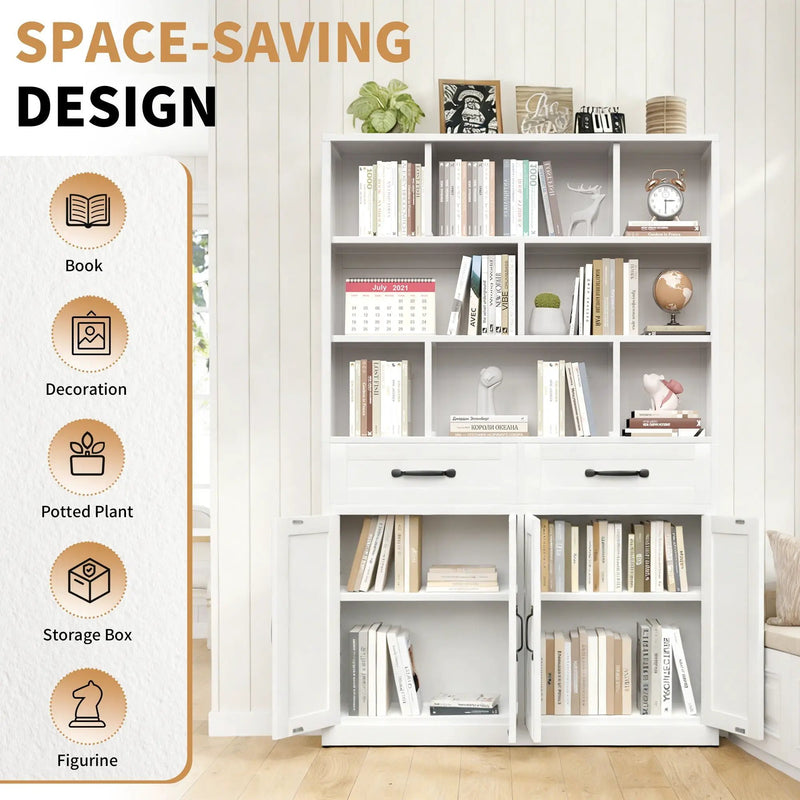 Bookcase Tall With 2 Doors & 2 Drawers, Fixed Open Shelves - White by HouseOfZazla