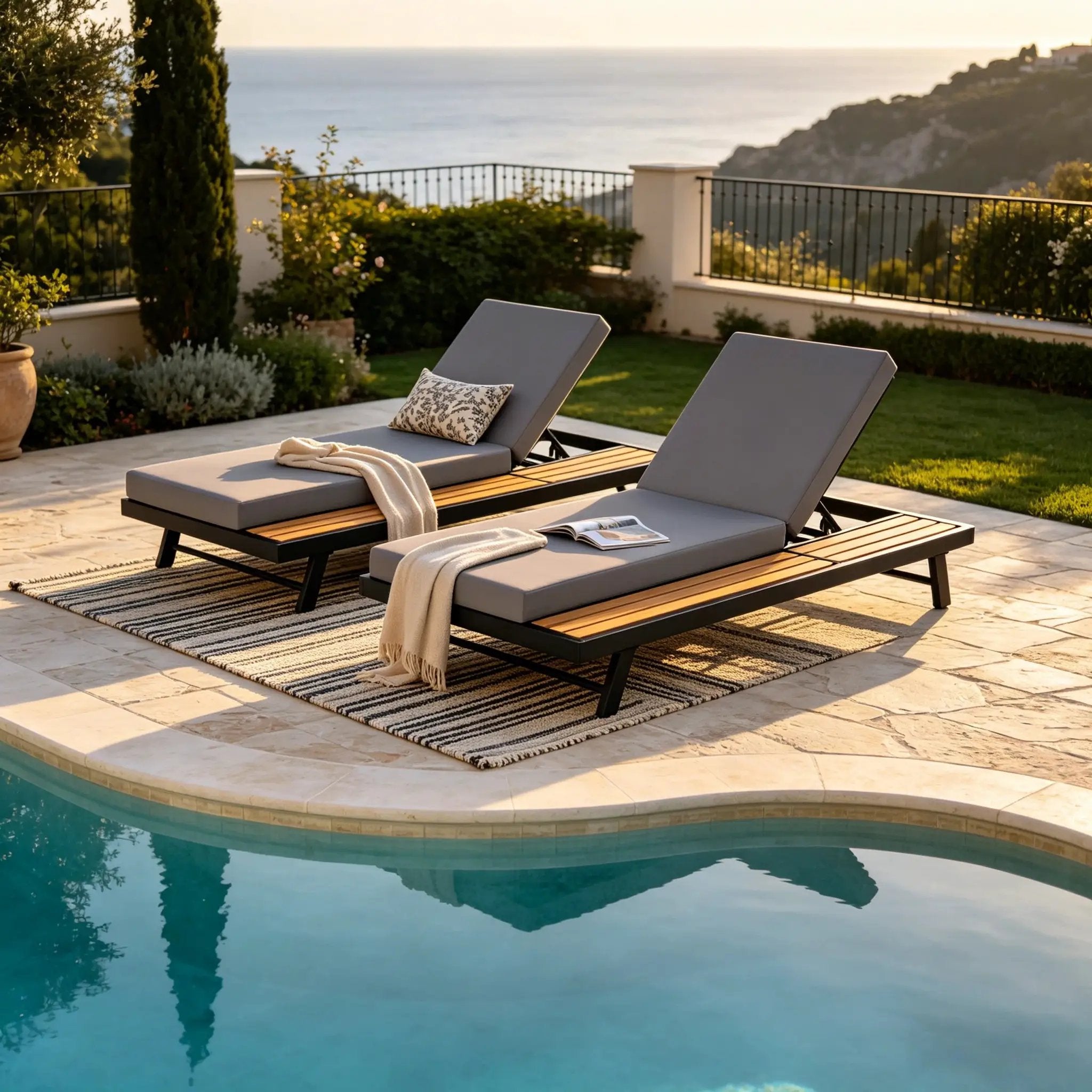 Black Iron + Teak Finish Chaise Lounge Set with Dark Grey Cushion by HouseOfZazla
