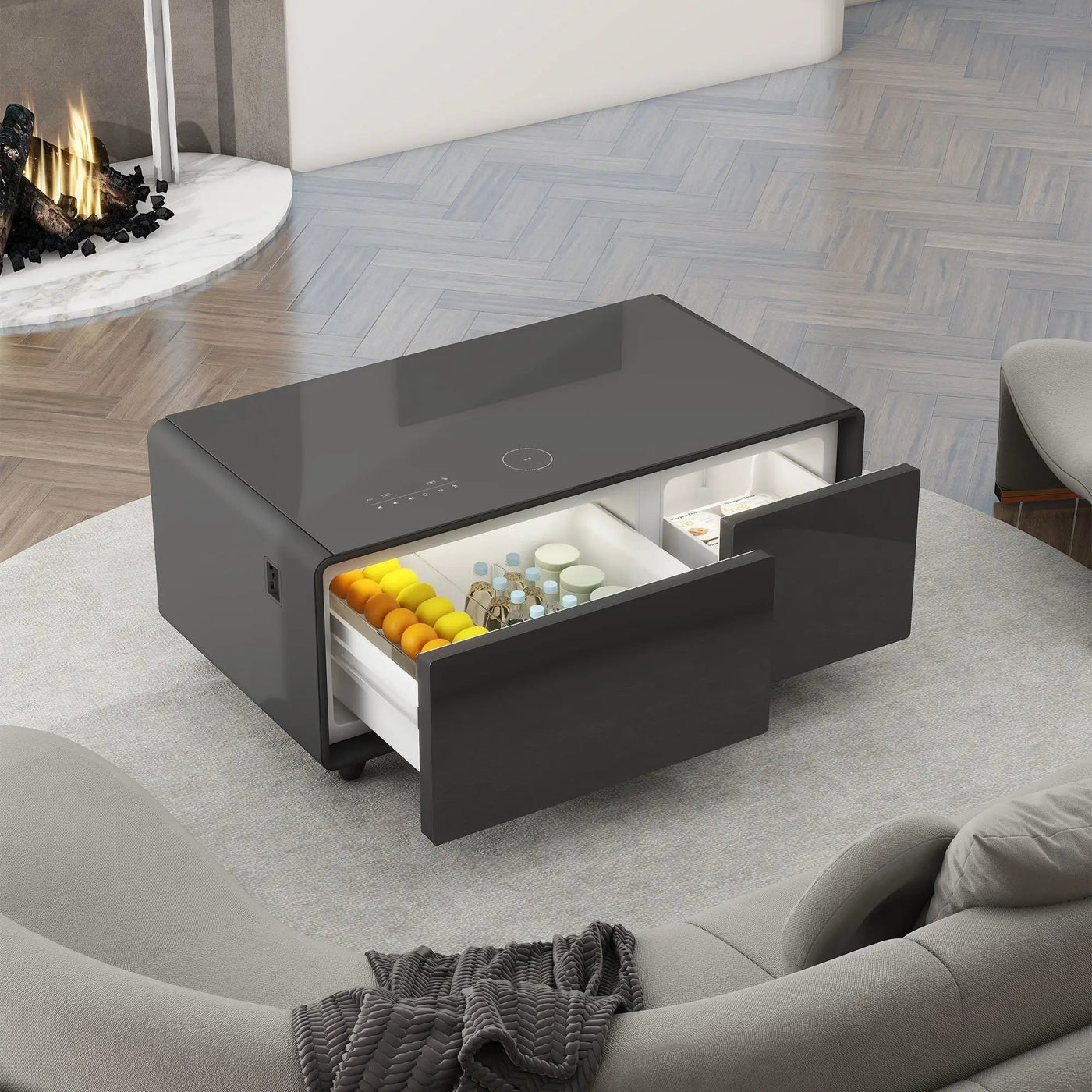 Modern Smart Coffee Table With Built-In Fridge - tooth Speaker, Wireless Charging, Touch Control Panel, USB Interface, Outlet Protection, Atmosphere Light by HouseOfZazla