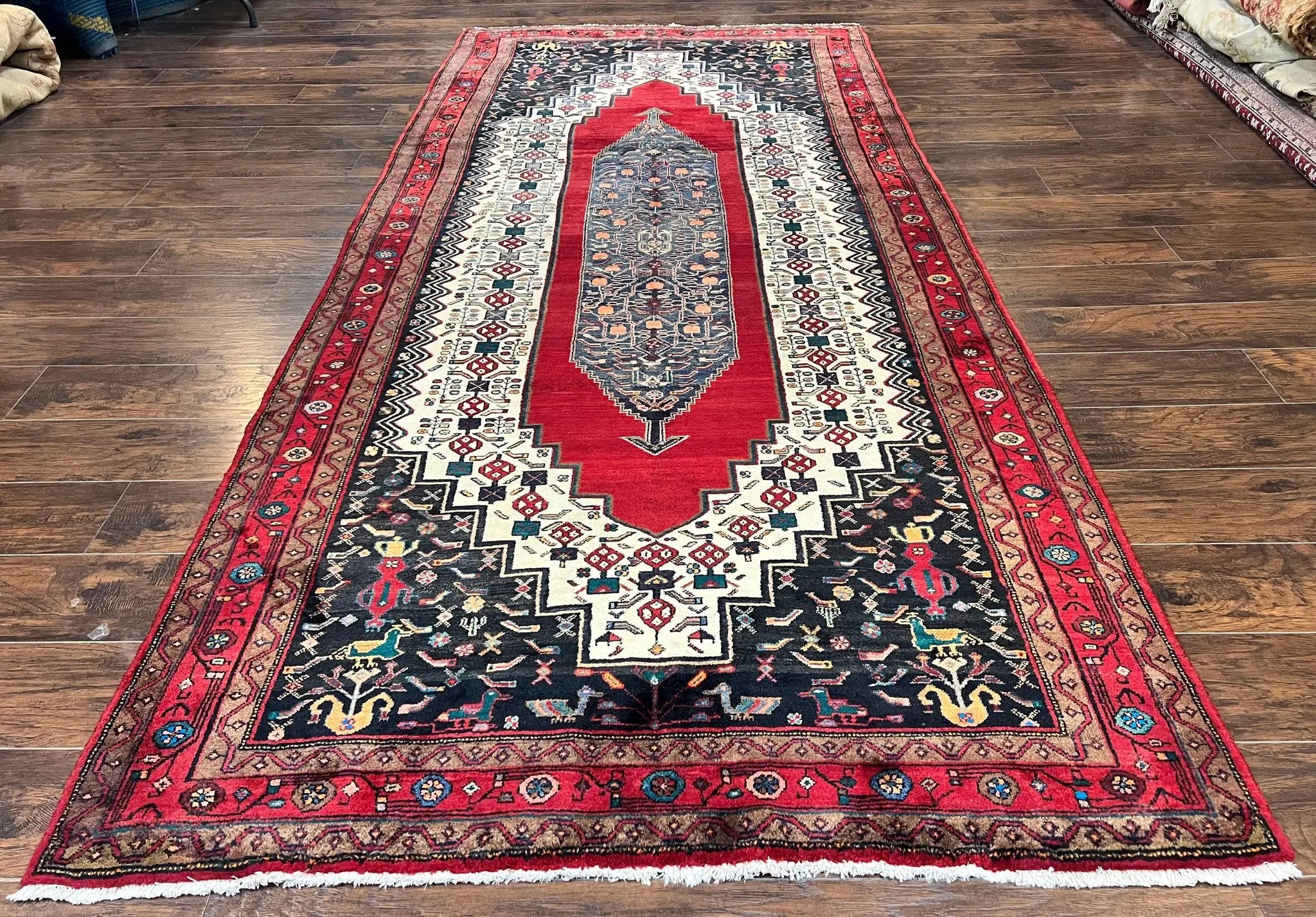 Persian Rug 5x12 ft, Red Cream Navy Blue, Pictorials, Hand Knotted Handmade Wide Runner Tribal Bidjar Semi Antique Wool Geometric Oriental Rug by Jewel Rugs